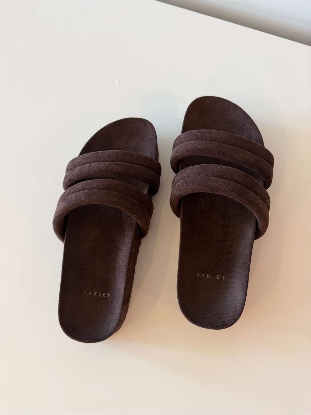 Varley Chocolate Brown Suede Slide Sandals